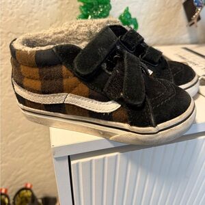 Vans Kids Black and Brown Plaid High-Top Sneakers with White Stripe